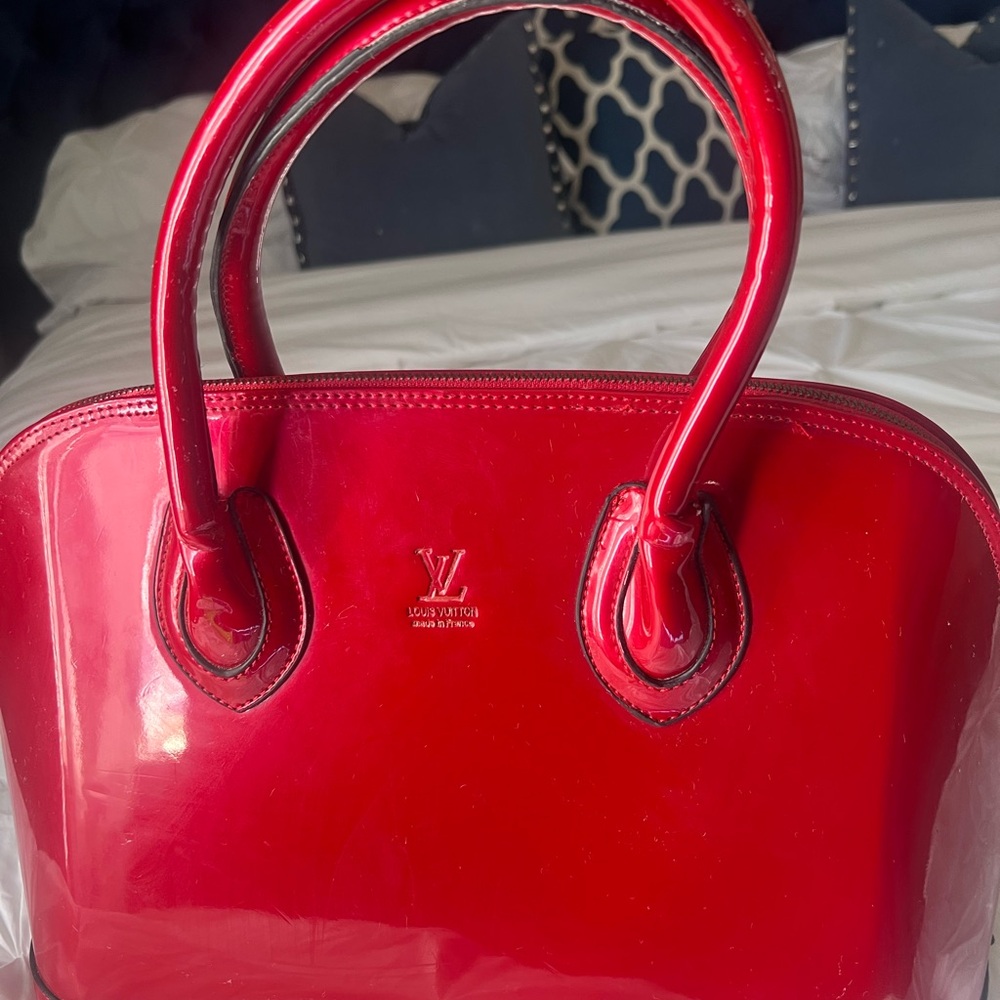 Louis Vuitton Red Satchel with Glossy Finish and Gold Logo